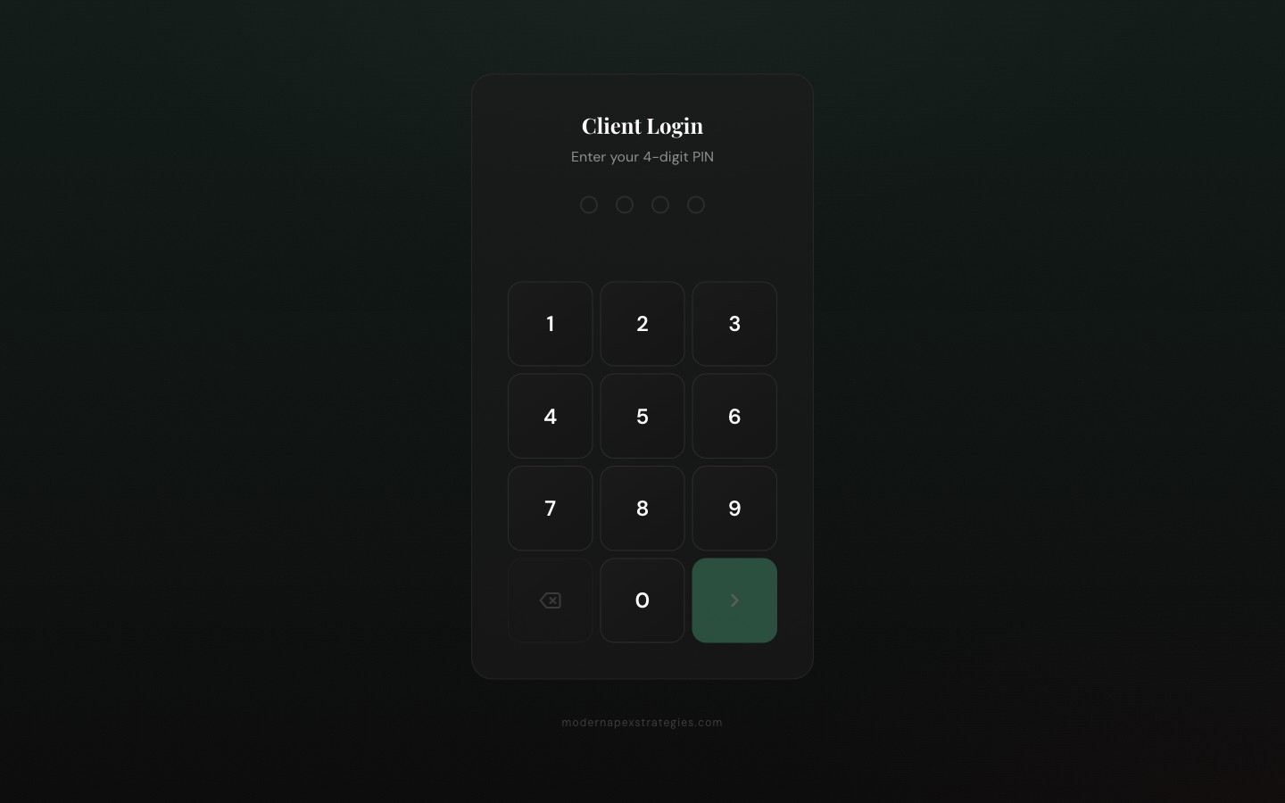 Apex Hub client login screen with a 4-digit PIN keypad on a dark background