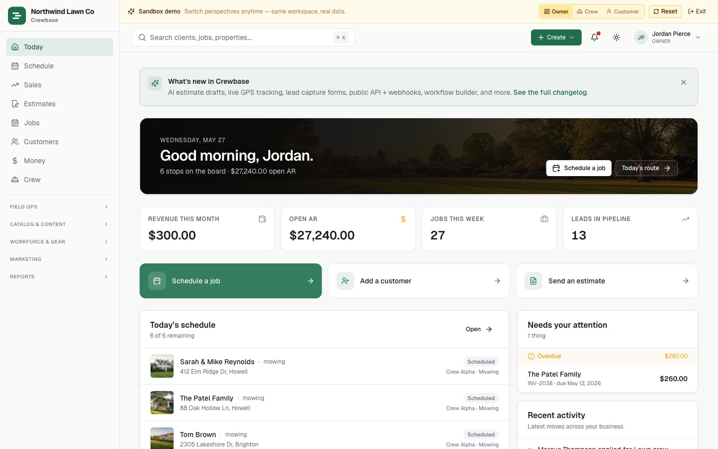 Crewbase admin dashboard showing today's jobs, KPIs, and quick actions