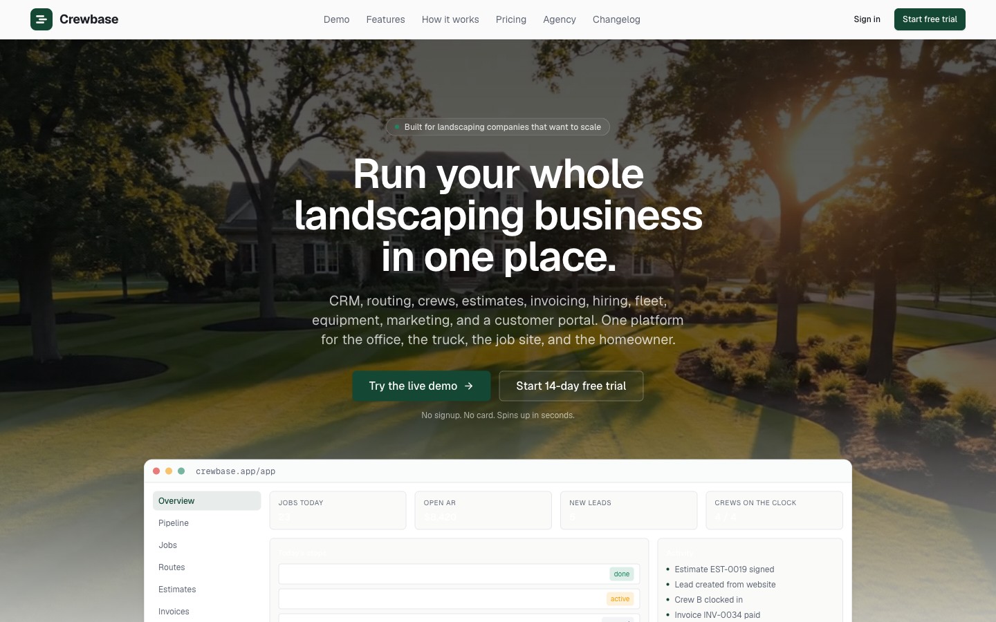Crewbase marketing landing page with hero copy 'Run your whole landscaping business in one place'