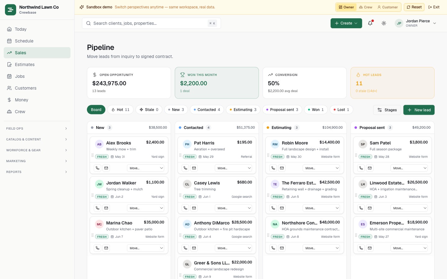 Crewbase sales pipeline kanban board with stage totals and drag-and-drop deal cards