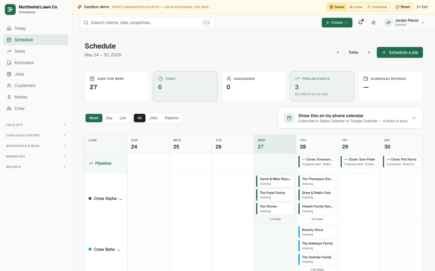 Crewbase scheduling view with day and week toggles