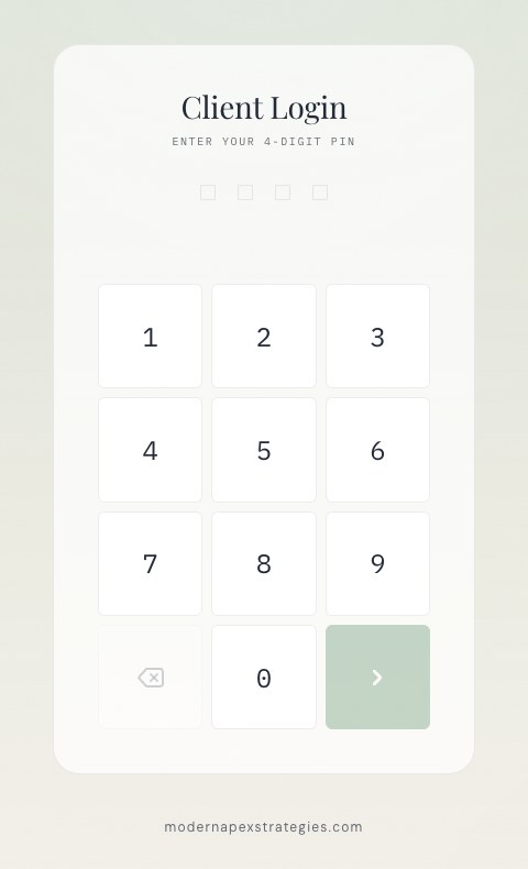 The Modern Apex client portal login screen, a simple 4-digit PIN pad