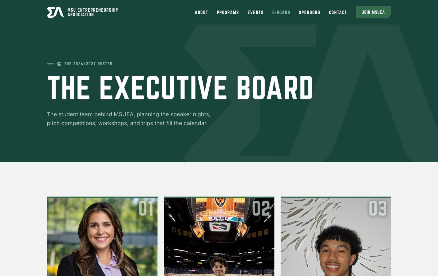 The MSU Entrepreneurship Association executive board page, nine officers with real titles and majors