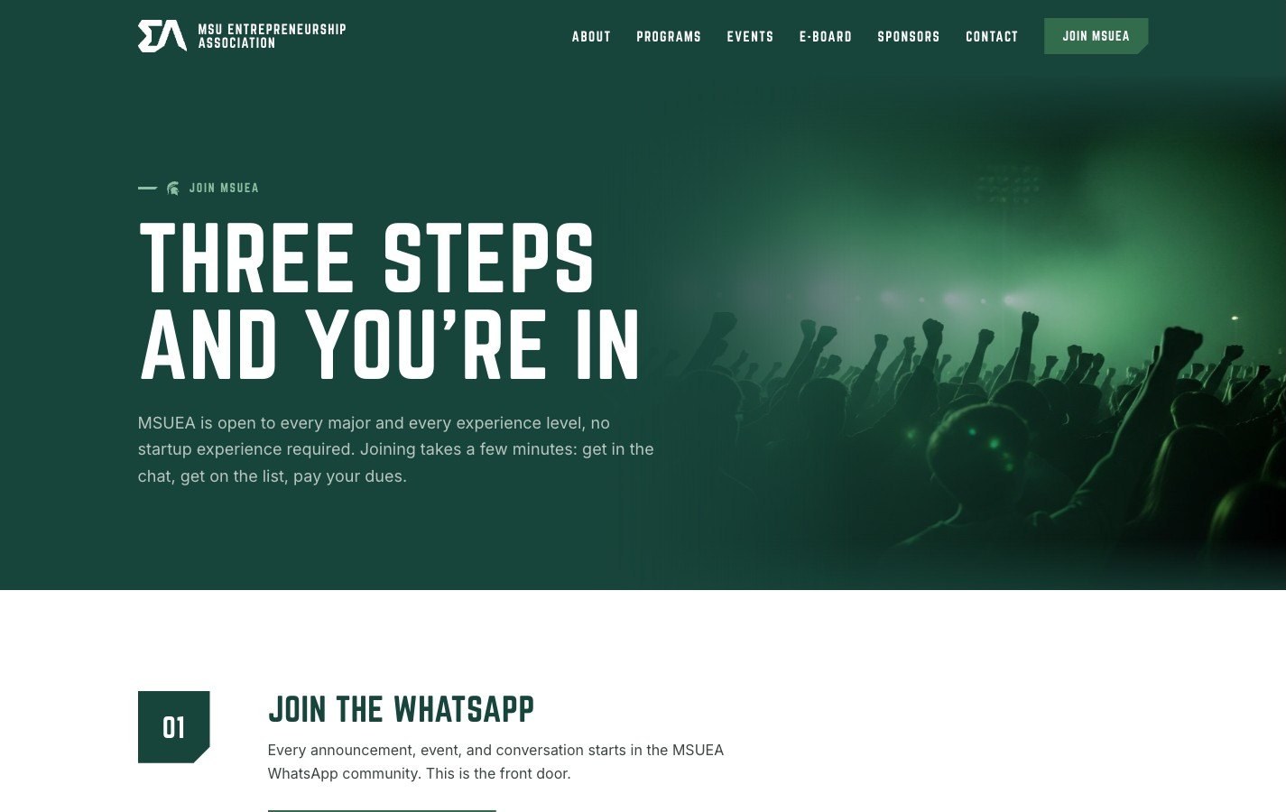 The MSU Entrepreneurship Association join page, live on the new domain