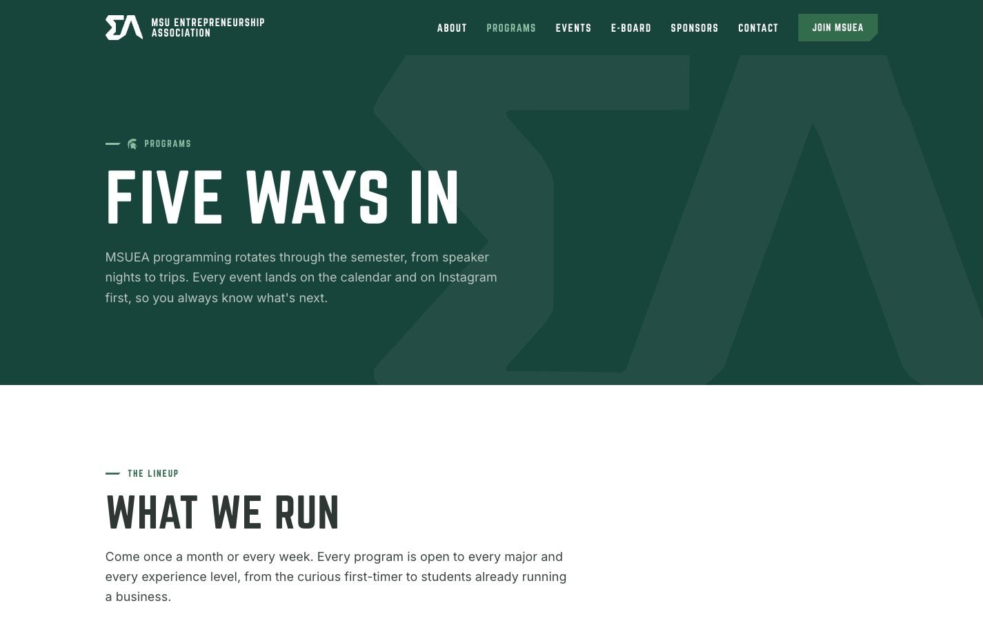 The MSU Entrepreneurship Association programs page, headed Five Ways In