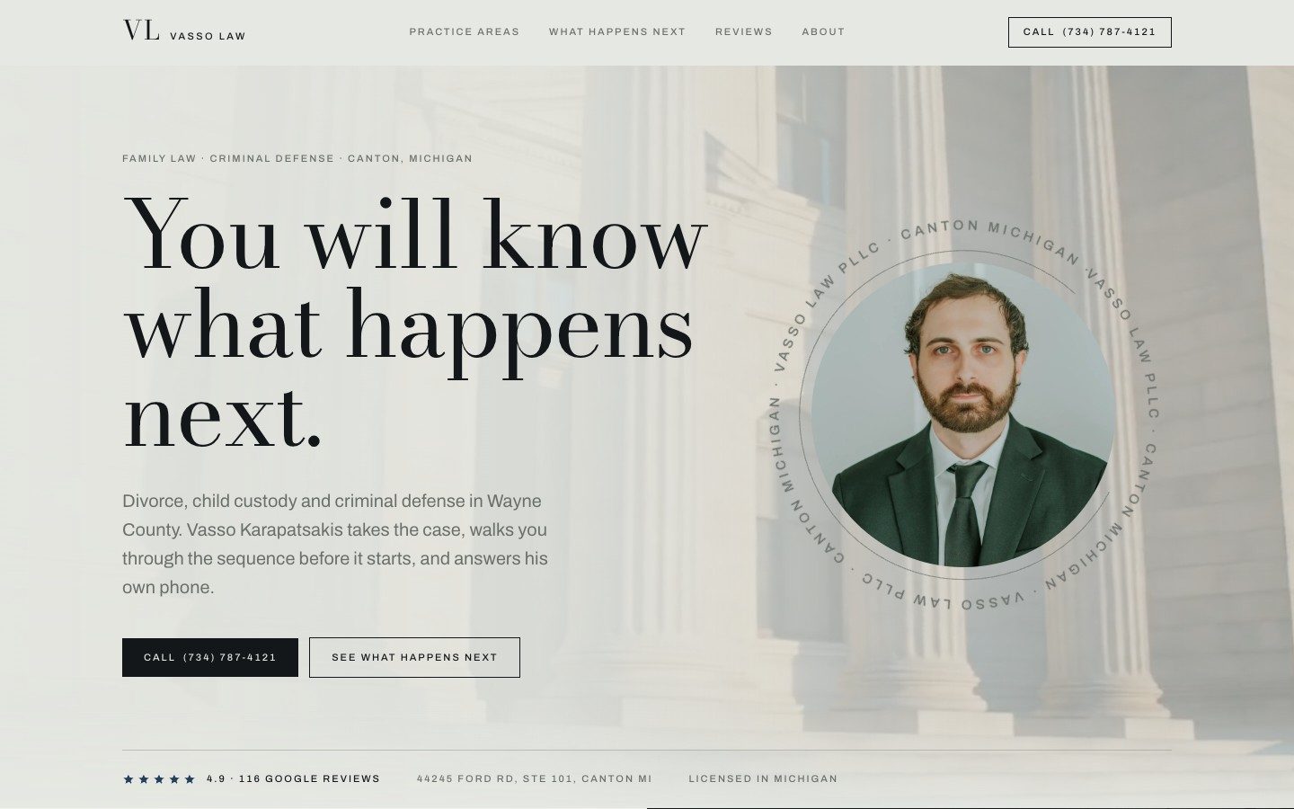 Vasso Law homepage built by Modern Apex: You will know what happens next
